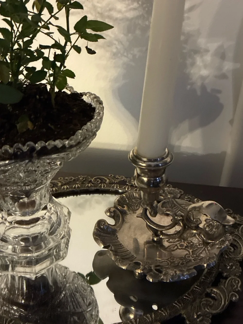 Vintage Silver Plated Floral Chamberstick Candle Holder Cottagecore Art Nouveau